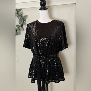 Grace Karin XL Black Sequined Peplum Top* Keyhole Back with Button Closure